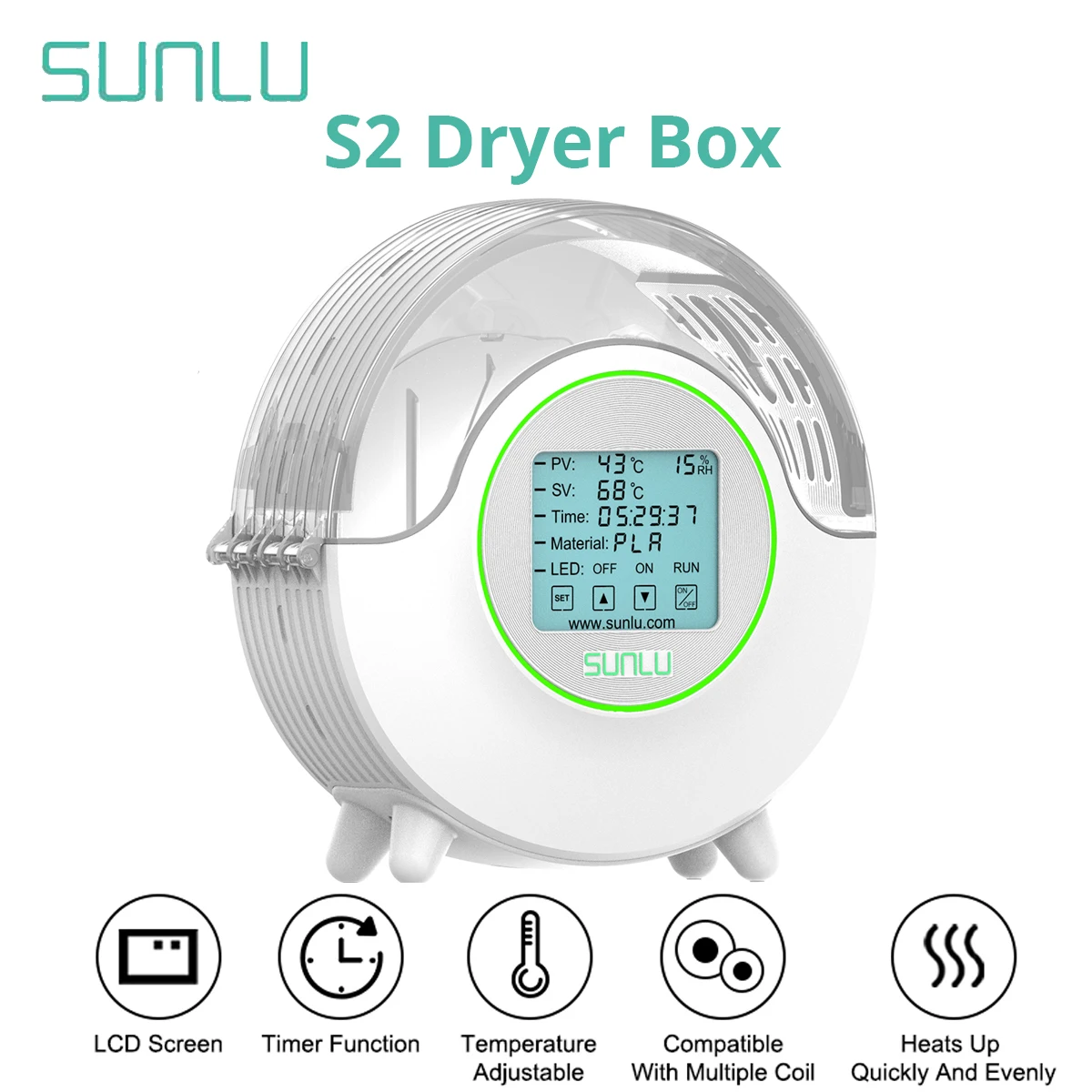 SUNLU S2 3D Filament Dryer Upgrade Filadryer LED Touch Screen Dry Box 360º Surround Heating Adjustable Thermo 3D Printing Drying