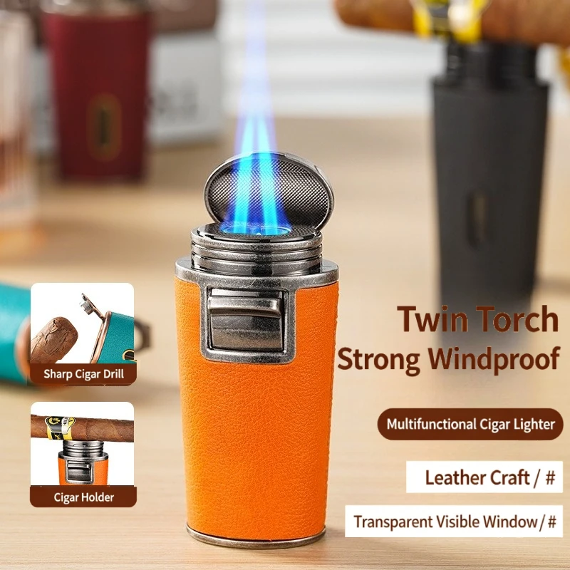 All-in-One Cigar Lighter with Punch, Double Jet Flame Windproof Torch, Leather-Textured Metal Lighter for Smokers & Gifts