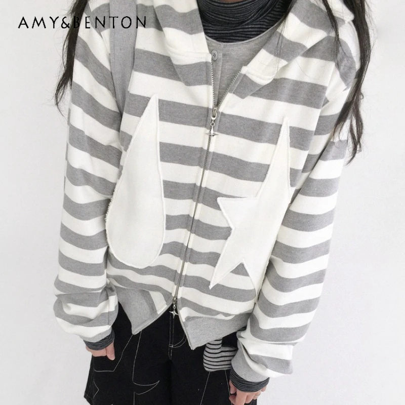 

Japanese Original Design Gray White Striped Hooded Women's Sweatshirt Autumn New Patch Star Splicing Zipper Loose Coat Ladies