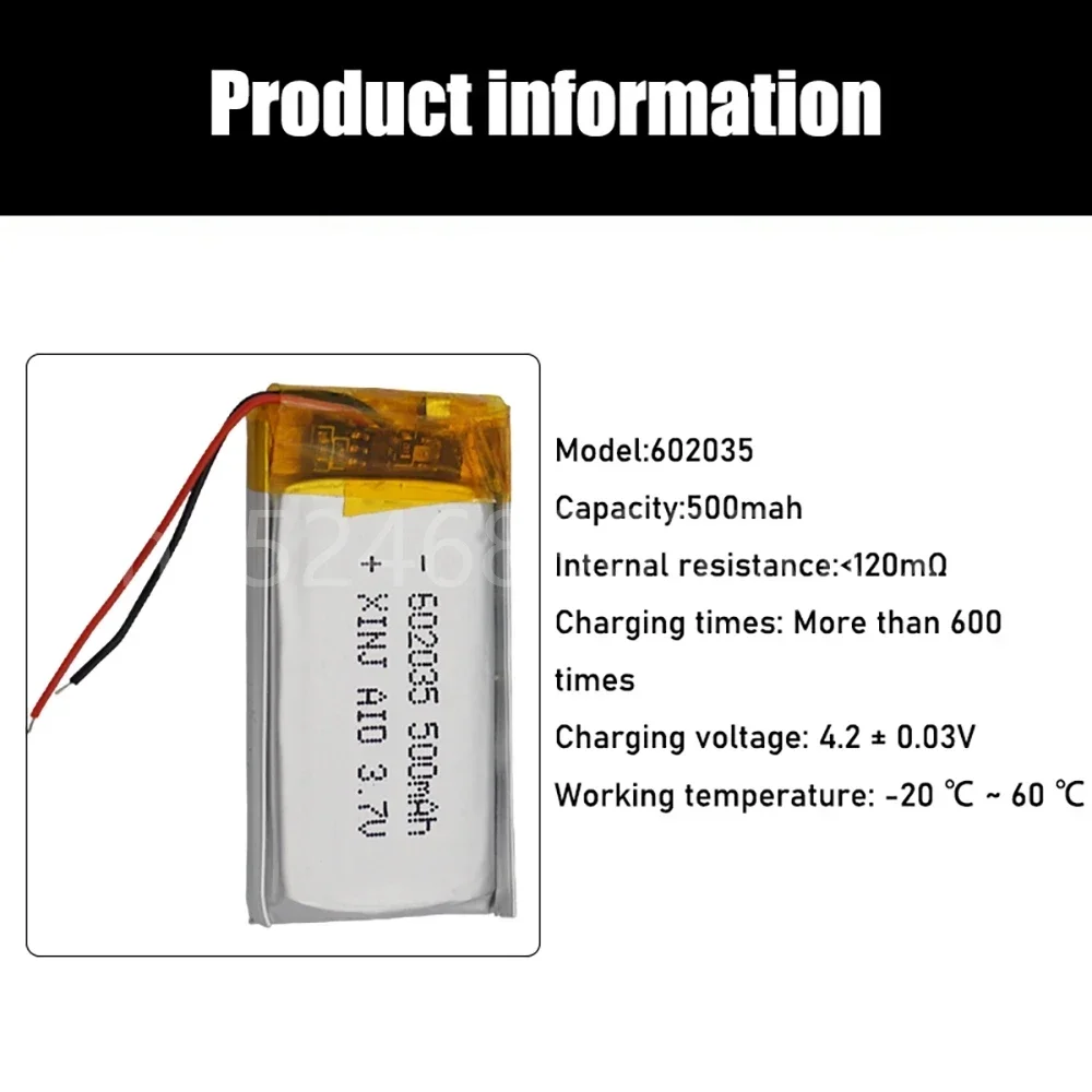 3.7V Lipo Cells 602035 500mah Lithium Polymer Rechargeable Battery for MP3 MP4 MP5 GPS Bluetooth Headphone Car Tachograph