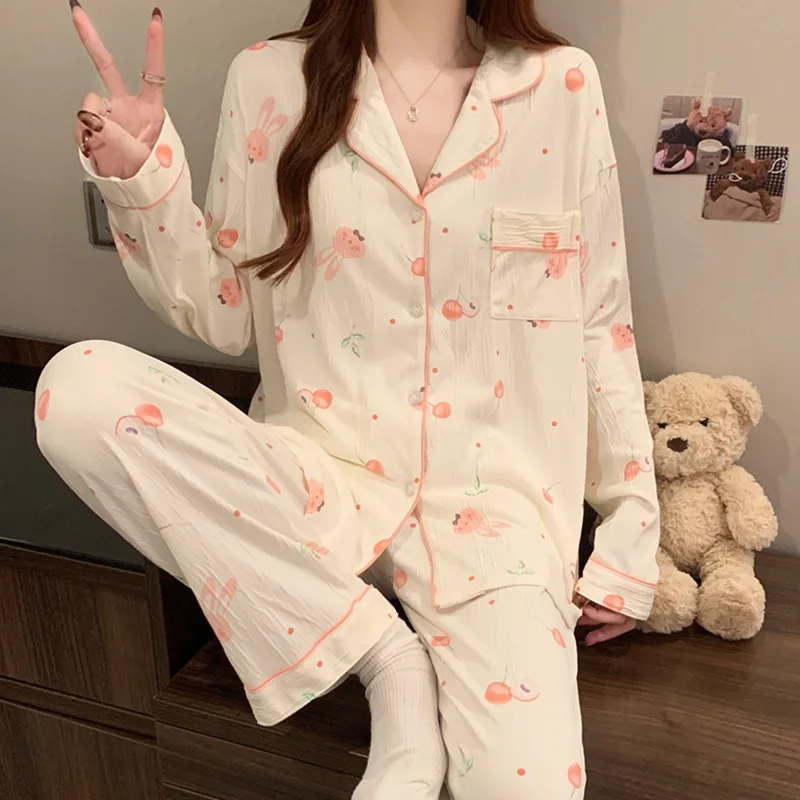 

Spring and Autumn New Style Wrinkled Fabric Pajamas Sweet Cute Rabbit Casual Style Women's Home Wear Long Sleeve Pajama Set