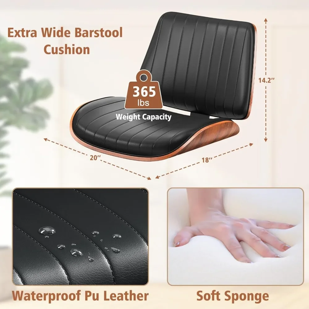 Conjunto de 3 bancos de bar, bancos de bar modernos com encosto de madeira curvada e assento de couro, bancos de bar para balcão de cozinha