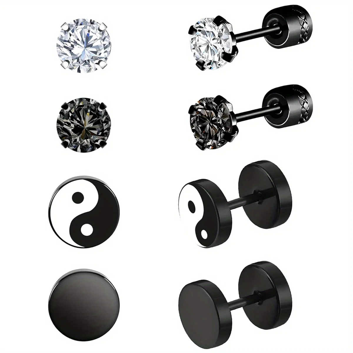 1/4 Pairs Punk Stainless Steel Round Cubic Zirconia Stud Earrings Tai Chi Barbell Ear Studs for Men Women Daily Wear Jewelry