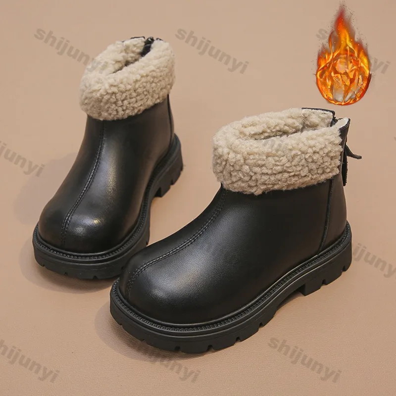 Winter Girls Short Boots Plush Warm New Anti Slip Ankle Boots Waterproof Comfortable Soft Sole PU Leather Fashion Children Shoes