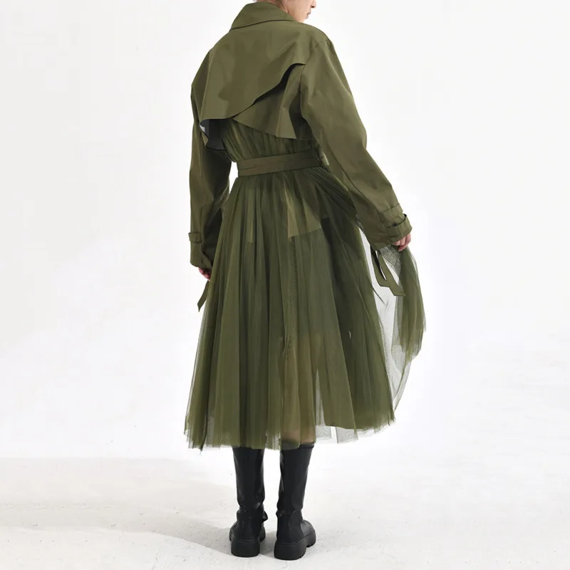 [Vibe] เสื้อโค้ทกันฝนสีเขียวตาข่ายลําลองเกาหลีสําหรับผู้หญิงอารมณ์เสื้อโค้ทหลายปุ่มแถวคู่หลวมยาว