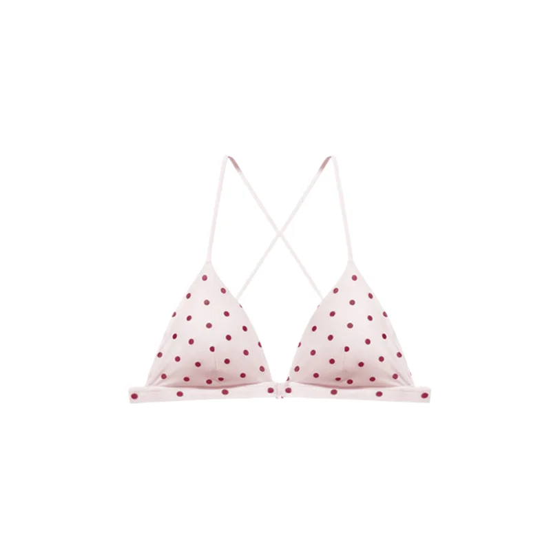 Triangle Cup Front Fastening Bra Pink Polka Dot Small Bust Thin Straps Cross Back Bikini Style Lift Wirefree Womens Underwear