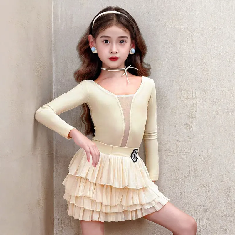 

Latin Dance Competition Clothing Glossy Fabric Long Sleeves Dance Dress Kids Cha Rumba Dance Practice Training Wear Girls Set