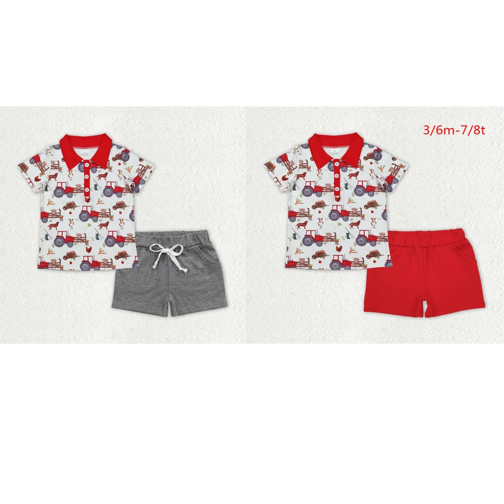 wholesale hot sale western boutique outfits children clothing Baby Boys Farm Trucks Tops Red Cotton Outfits Clothes Sets