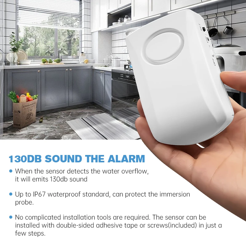 Household Water Detector Alarm, 130Db Water Leakage Sensor Flood Overflow Alarm, Simple Installation (Battery Not Included)