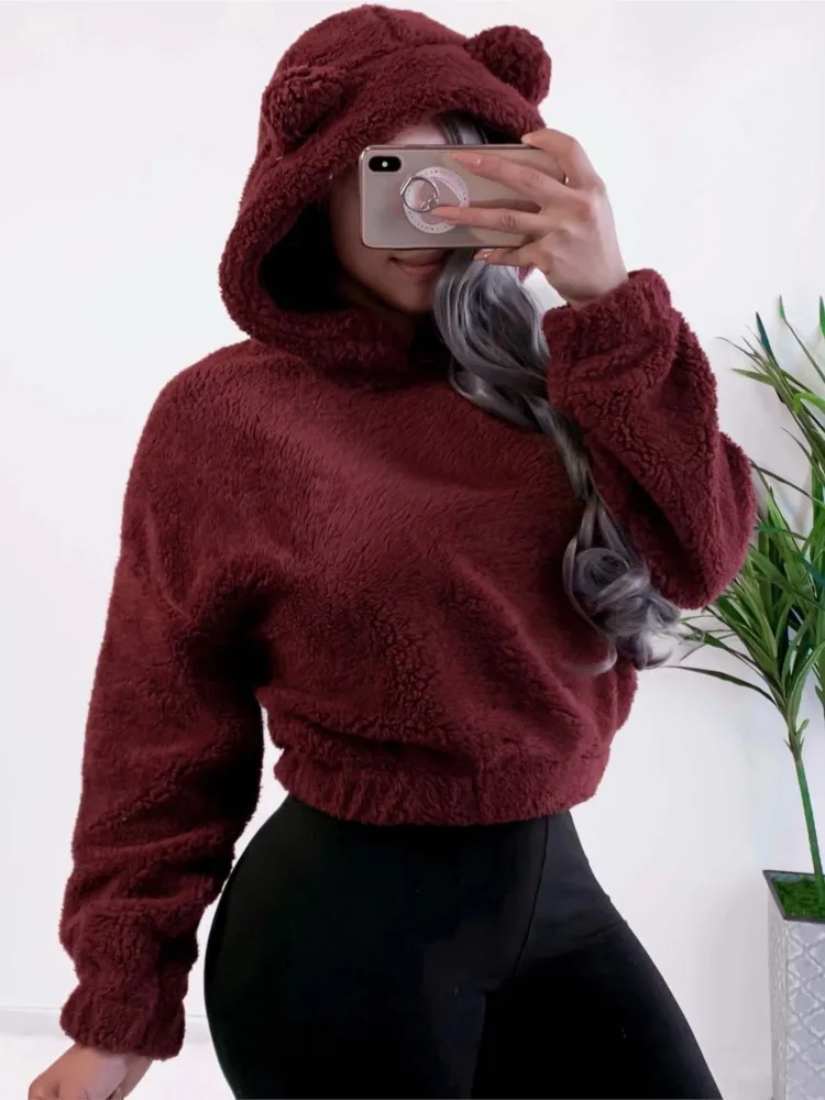 Autumn Winter Long-sleeved Bear Ears Hat Solid Color Plush Sweatshirt Women Fashion Loose Short Casual Style Pullover Female