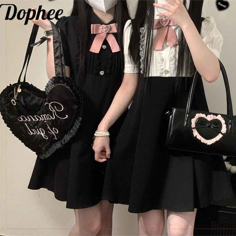 Dophee Original Landmine System Women Dreeses Cute Beads Bow Colorblock Puff Short Sleeve A-line Peter Pan Collar Mini Dress