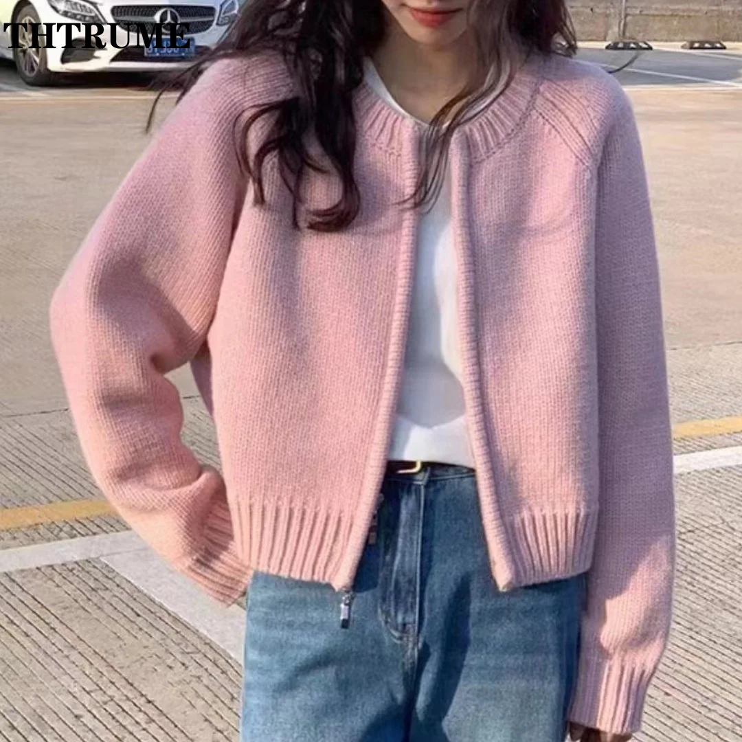 Fashion Solid Round Neck Sweater Elegant Zipper Long Sleeve Autumn Winter Knit Vintage Jumpers Casual Office Lady Chic Cardigan