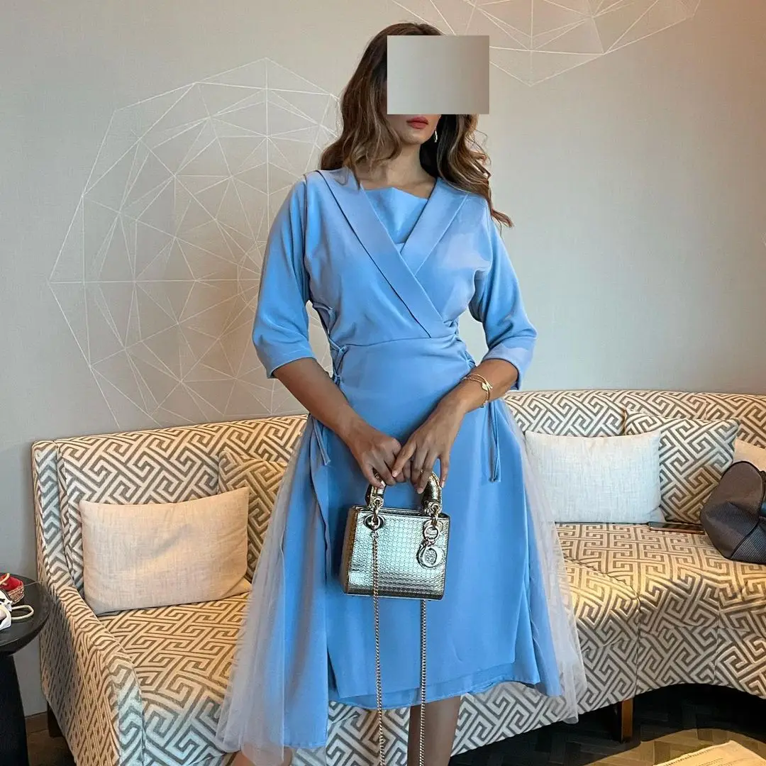 

2023 Short Prom Dresses Sky Blue A-Line Half Sleeves Knee-length Arabia Women Formal Occasion Dresses Vestidos De Graduación