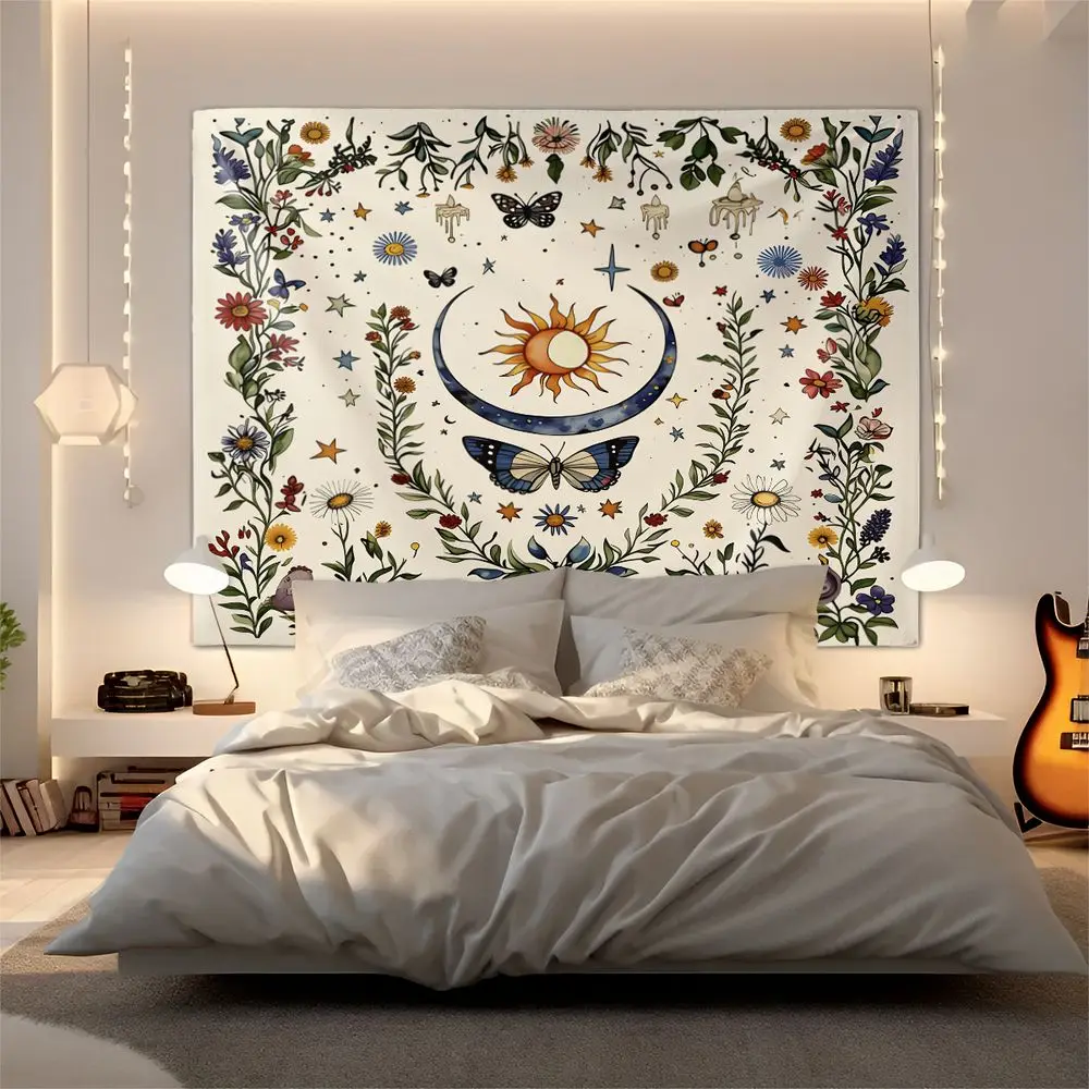 Sun Moon Butterfly Tapestry Wall Hanging Floral Wall Tapestry Digital Print Bed Sheet Set Aesthetic Home Bedroom Decor