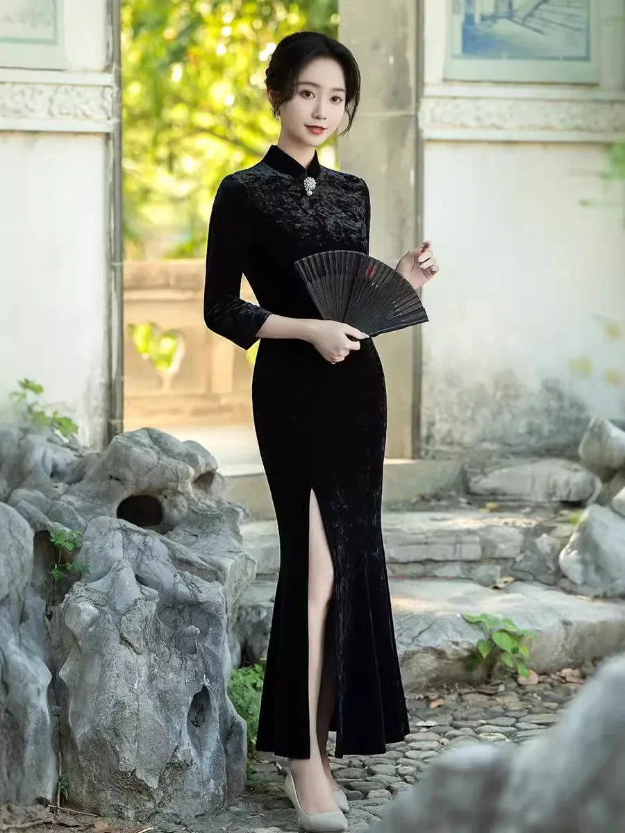 

Черный Cheongsam 2024, новое осенне-зимнее платье с длинными рукавами в китайском стиле, улучшенное молодое стильное высококачественное темпераментное платье