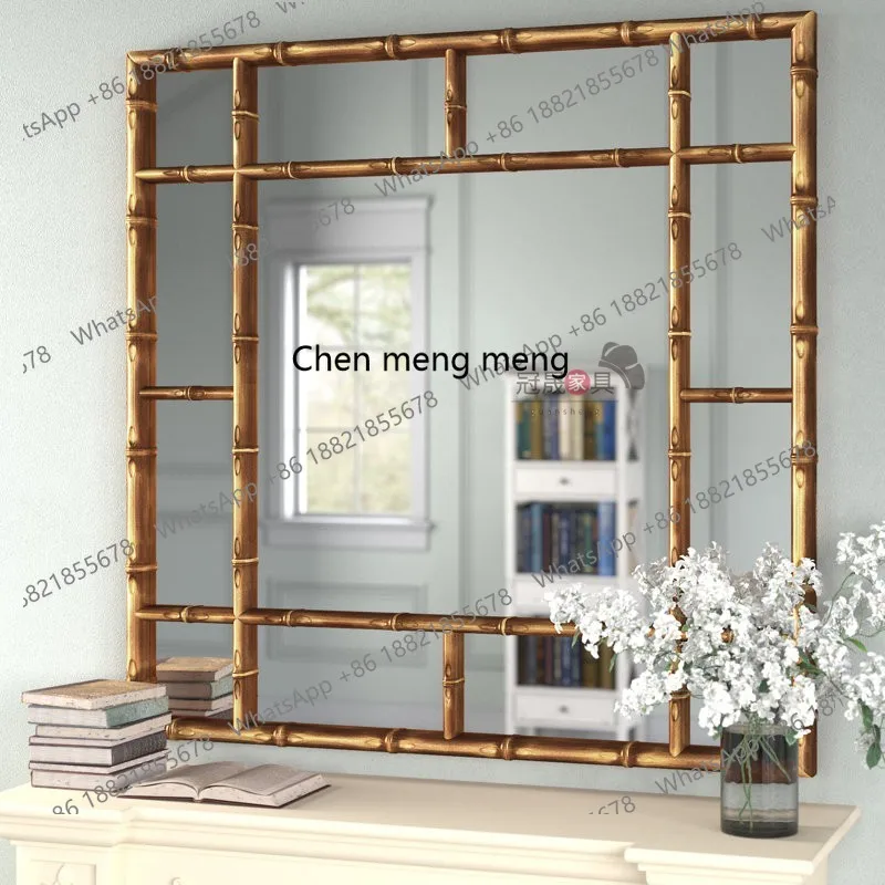 A50 European retro makeup mirror wall-mounted bathroom bamboo bathroom mirror living room entrance French square