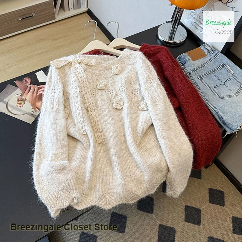 الفرنسية العطاء الدانتيل ربطة القوس فيونكة متماسكة جوفاء ثلاثي الأبعاد زهرة سترة المرأة الخريف والشتاء جديد السترة سترة سميكة