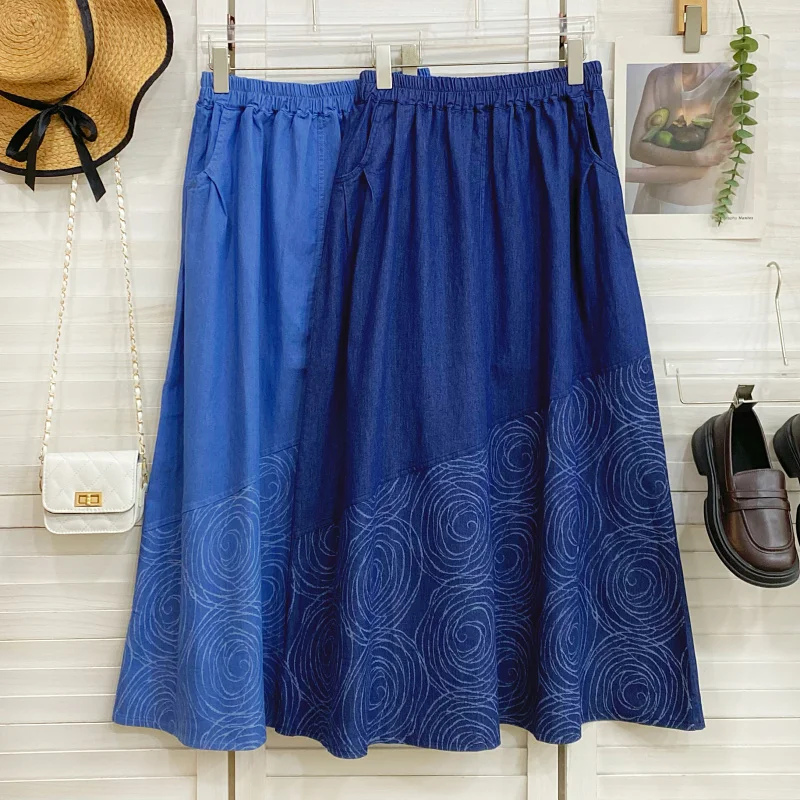 

Ретро джинсовая юбка миди с цветочным принтом, на резинке, свободного кроя, повседневная, женская, летняя, с высокой талией, А-силуэт, в корейском стиле