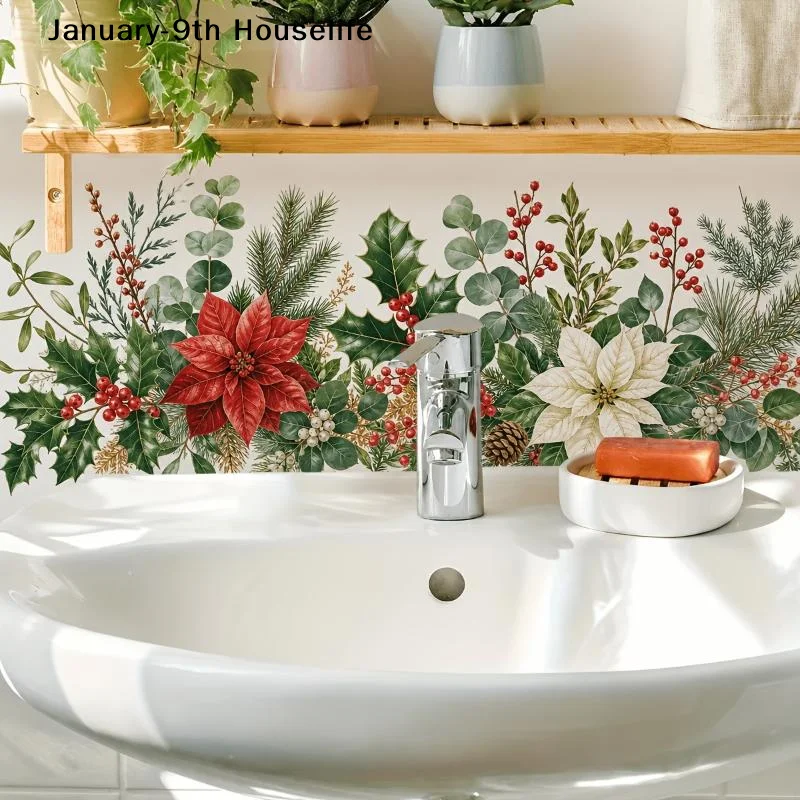 Fresh Floral Pattern Sink Area Background Wall Sticker Bathroom Wall Decoration Self-Adhesive Removable Waterproof Creative Sti