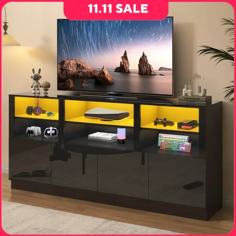 LED TV Stand with Storage Tall Entertainment Center with LED Lights for 85 Inch Modern Glossy Gaming TV Console