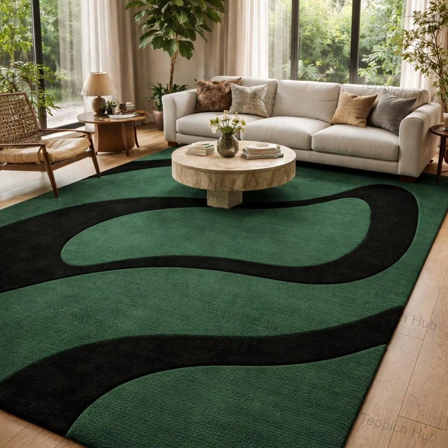 Sage Green and Black Tufted Abstract Wool Rug, 10X14 Feet, Modern Organic Wave Design, Large Living Room Rug.