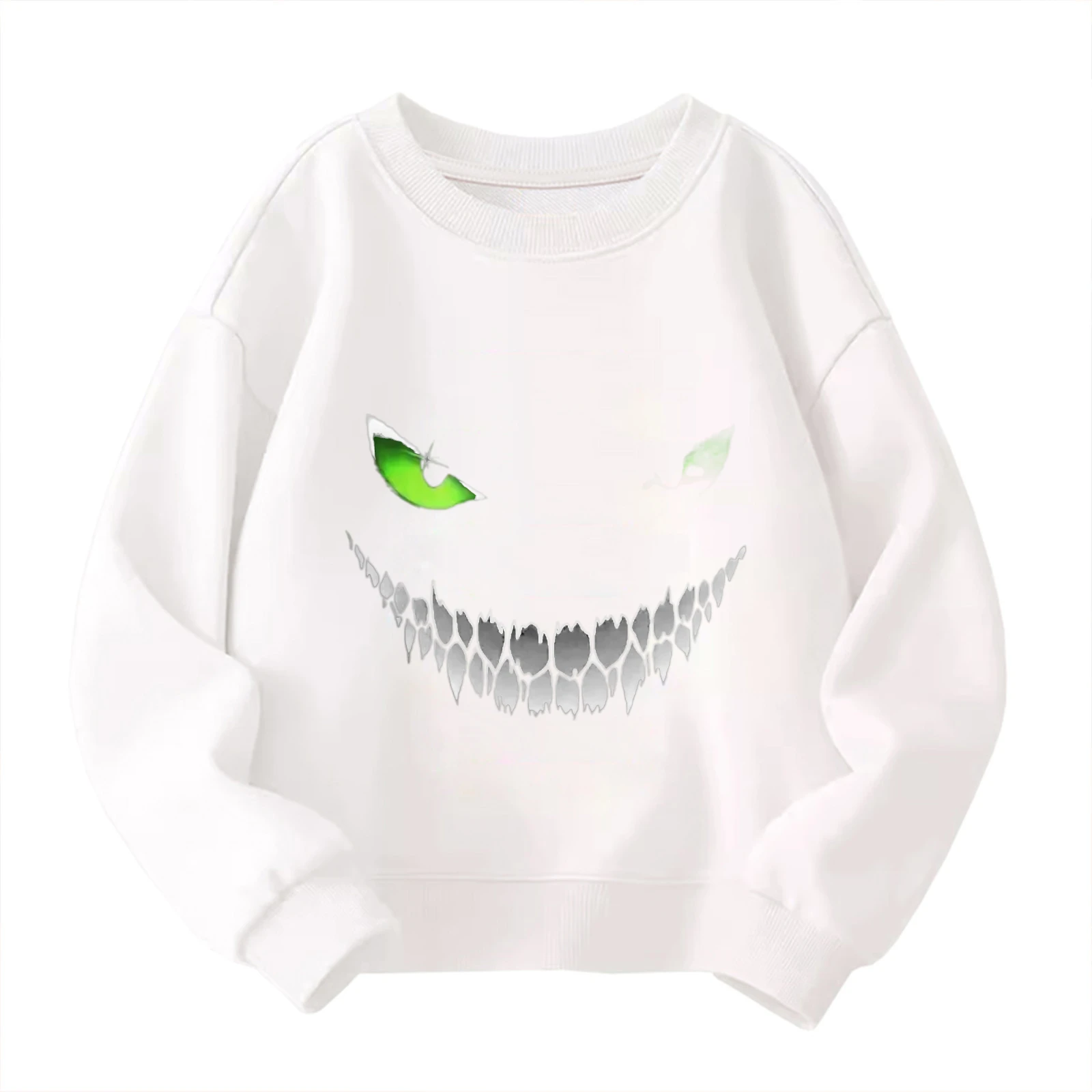 

Kids' Crew Neck Sweatshirt - Spooky Halloween Creepy Monster Eyes & Teeth Cool Edgy Graphic White Pullover