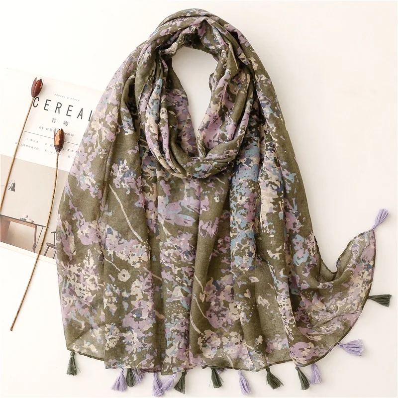 

2022 Newest Women Newest Ombre Floral Pattern Scarf Cotton Tassel Scarf Shawls 11prints