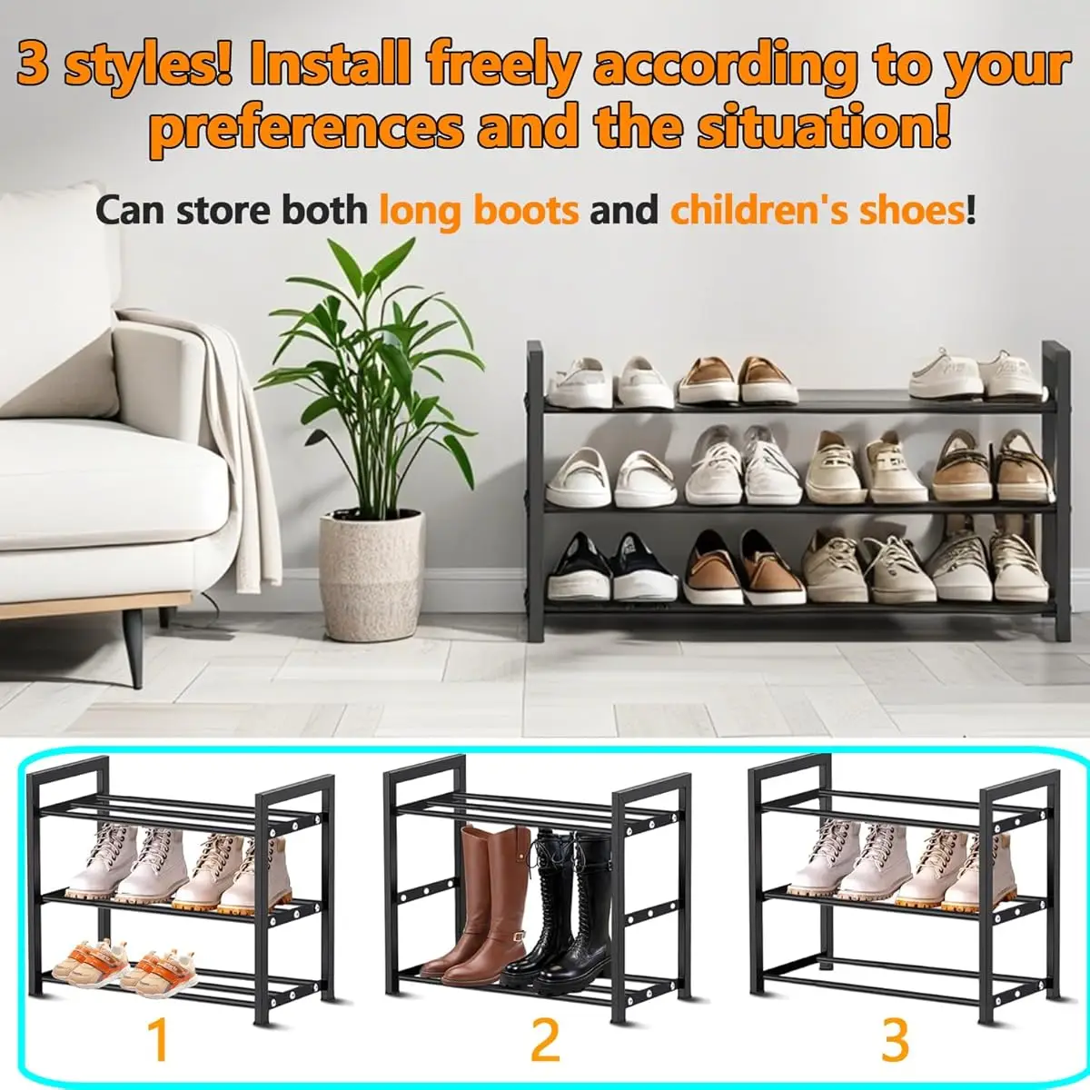 Erweiterbares Schuhregal, 2-stufig ausziehbares kleines Metall-Schuhaufbewahrungssystem, verstellbare Schuhregallänge von 45 bis 80 cm, schwarzes Schuhregal platzsparend für Flur, Outdoor, Camping.