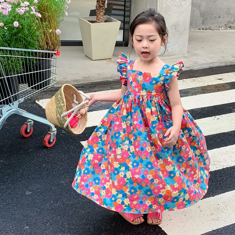 Summer Sweet Girls Flying Sleeve Backless Dress 3-9Y Kids Square Neck Flower Print A-line Knee Length Princess Dress