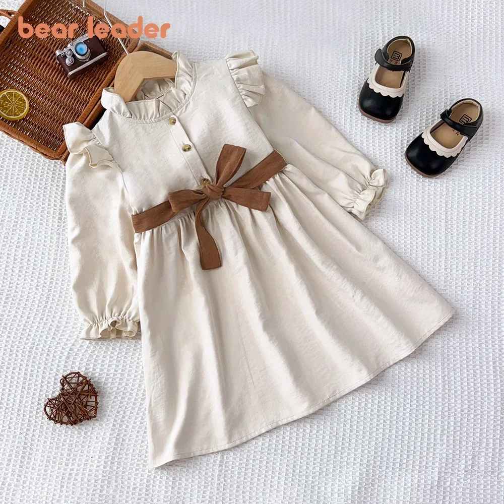 Bear Leader Solid Color Girls Clothes Spring and Autumn Long Sleeved Standing Collar Belt Dress Button Tied Belt Casual Dresses