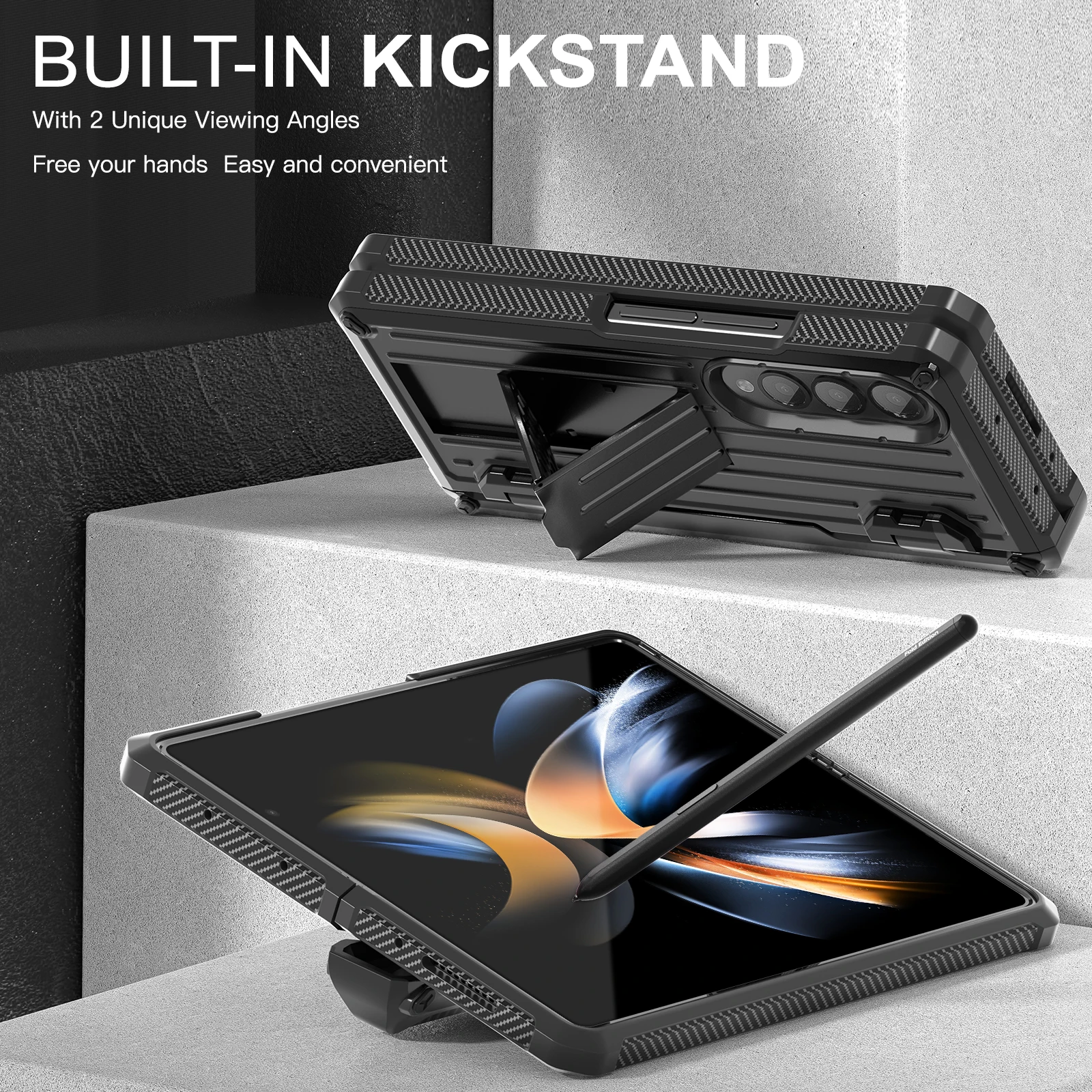For Samsung Galaxy Z Fold 5 4 3 5 Case  Trunk Texture Hard PC Shockproof Cover with S Pen Holder Soft Screen Protector Kickstand