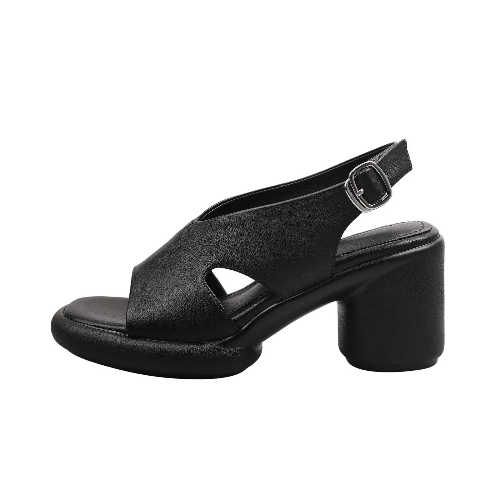 

Arden Furtado 2025 Summer black sheepskin Round toe Chunky heel Back Strap Open toe sandals platform Buckle strap Commuter shoes