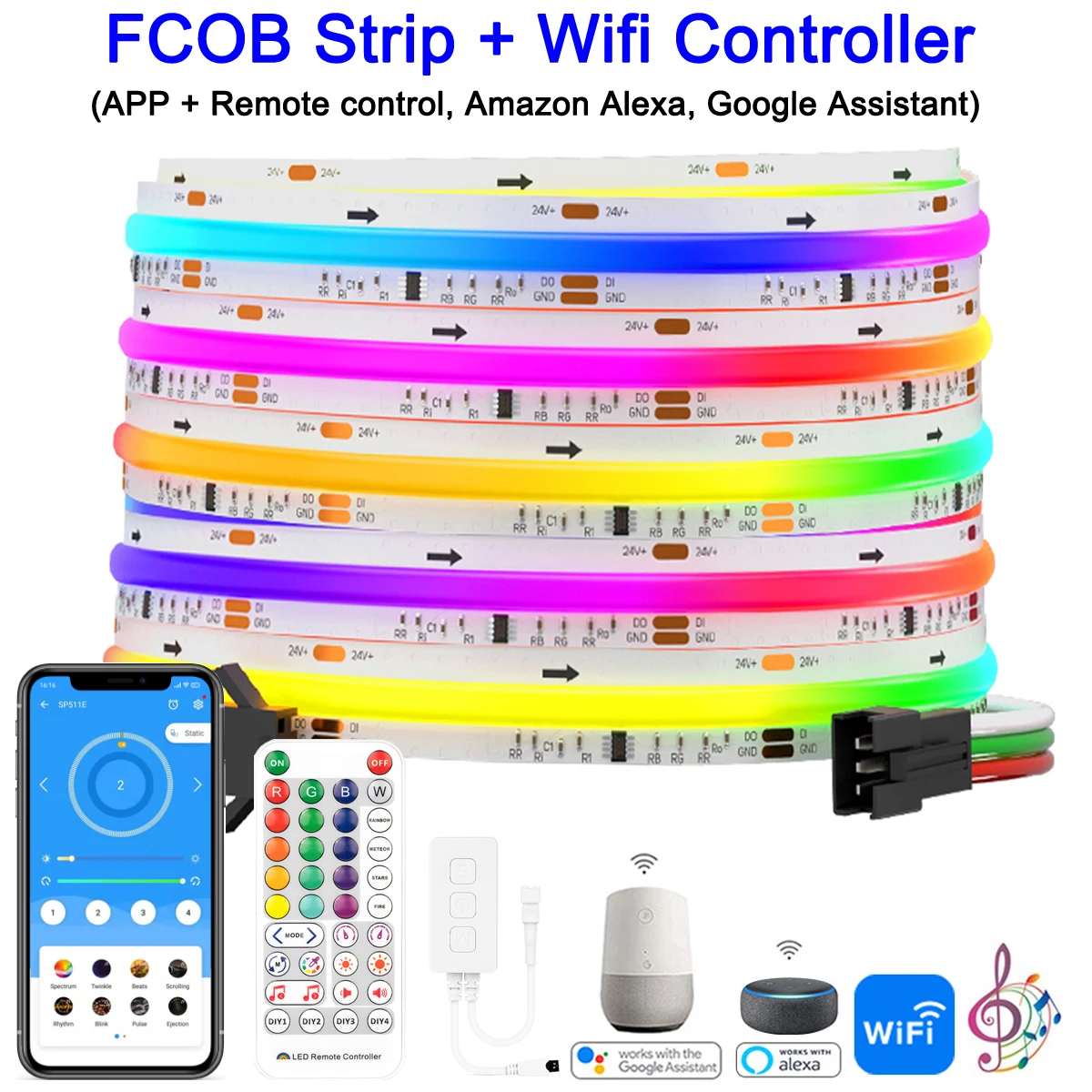 Smart Wifi Bluetooth WS2811 RGBIC SPI FCOB RGB LED Strip Kit Addressable Pixels DC24V 720 LEDs FOB COB Lights Alexa Google Home