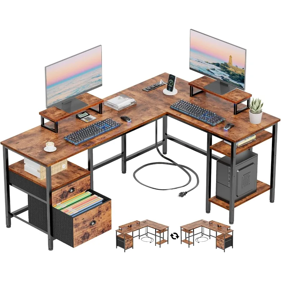 مكتب على شكل 59 لتر مع مخرج طاقة مكتب كمبيوتر قابل للعكس مع درج ملف 2 شاشة تقف ركن طاولة مكتب منزلية مع Sto #1