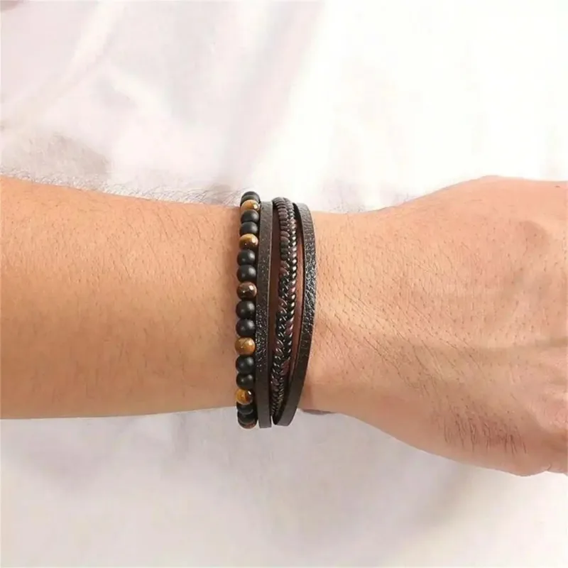 Pulseira obsidiana natural masculina, pulseiras de tecido casual, em camadas versáteis, artesanal, joias masculinas punk, na moda