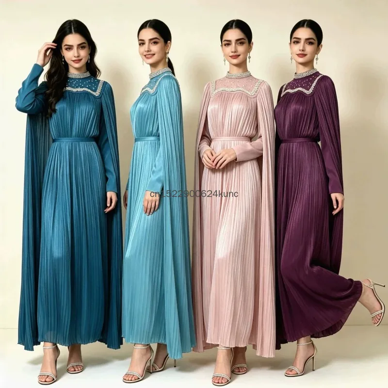 New Women Customized Elegant Muslim Evening Dress High Neck Long Sleeves Pleated Dubai Arabian Party Dress with Beaded Lady Gown