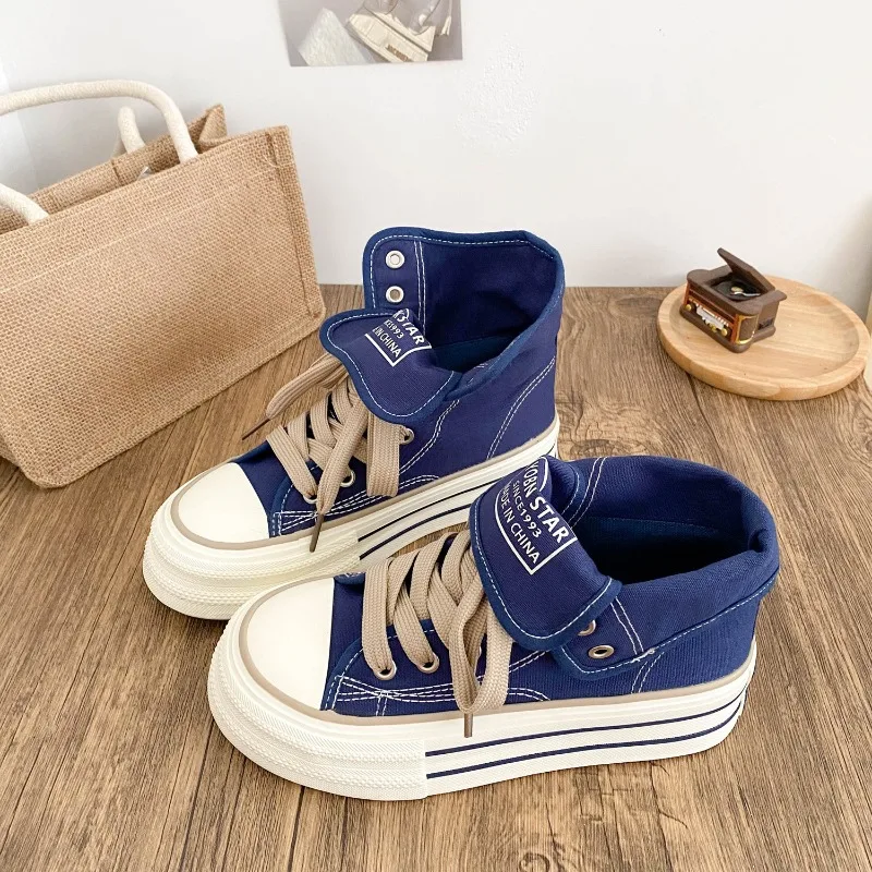 

New Women High Top Canvas Board Shoes Outer Flanged Sneakers Dual Purpose Short Boots Thick Outsole Height Increased Lace Up