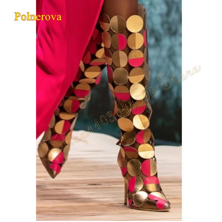 

Hollow Round Leather HIgh Heel Boots,Pointed Toe Stiletto Knee High Boots Wedding Party Women Shoes 2024 New Zapatos Para Mujere