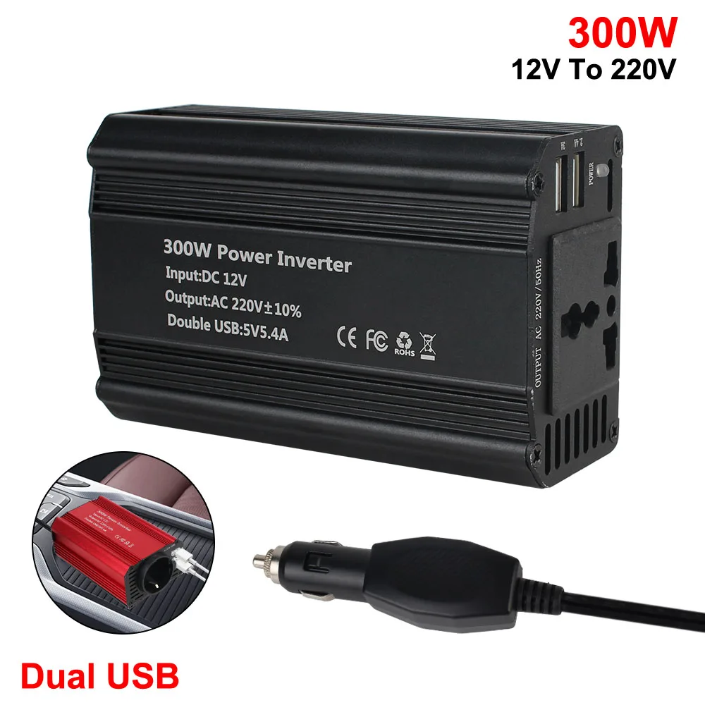 Car Inverter for Mobile Phone Laptop Tablet Charger 300W Power Inverter 600W Peak Power with 5.4A Dual USB DC 12V to AC 220V