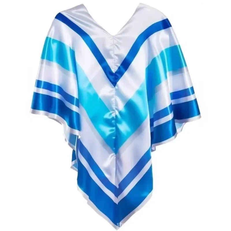 1980s Retro Disco Costume Cape for Women Men Blue Yellow Gradient Striped Satin Poncho Halloween 70s 80s Hippie Cosplay Cloak - view 5