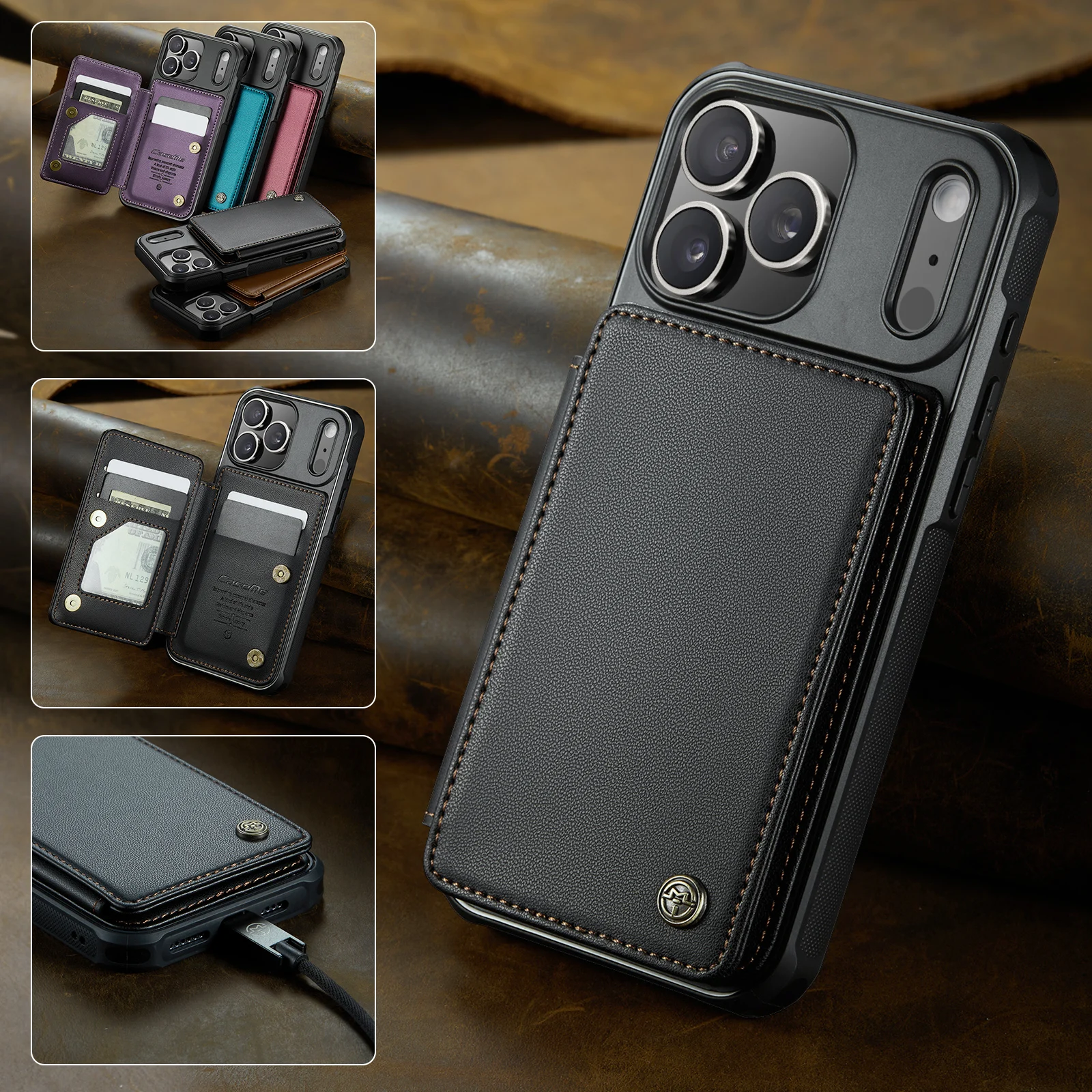 CaseMe-C22 Magnetic Wallet Card Holder Case for iPhone 17 Pro Max / Air 17 Pro 17e 16e 15 14 13 12 11 promax XS XR Leather Cover