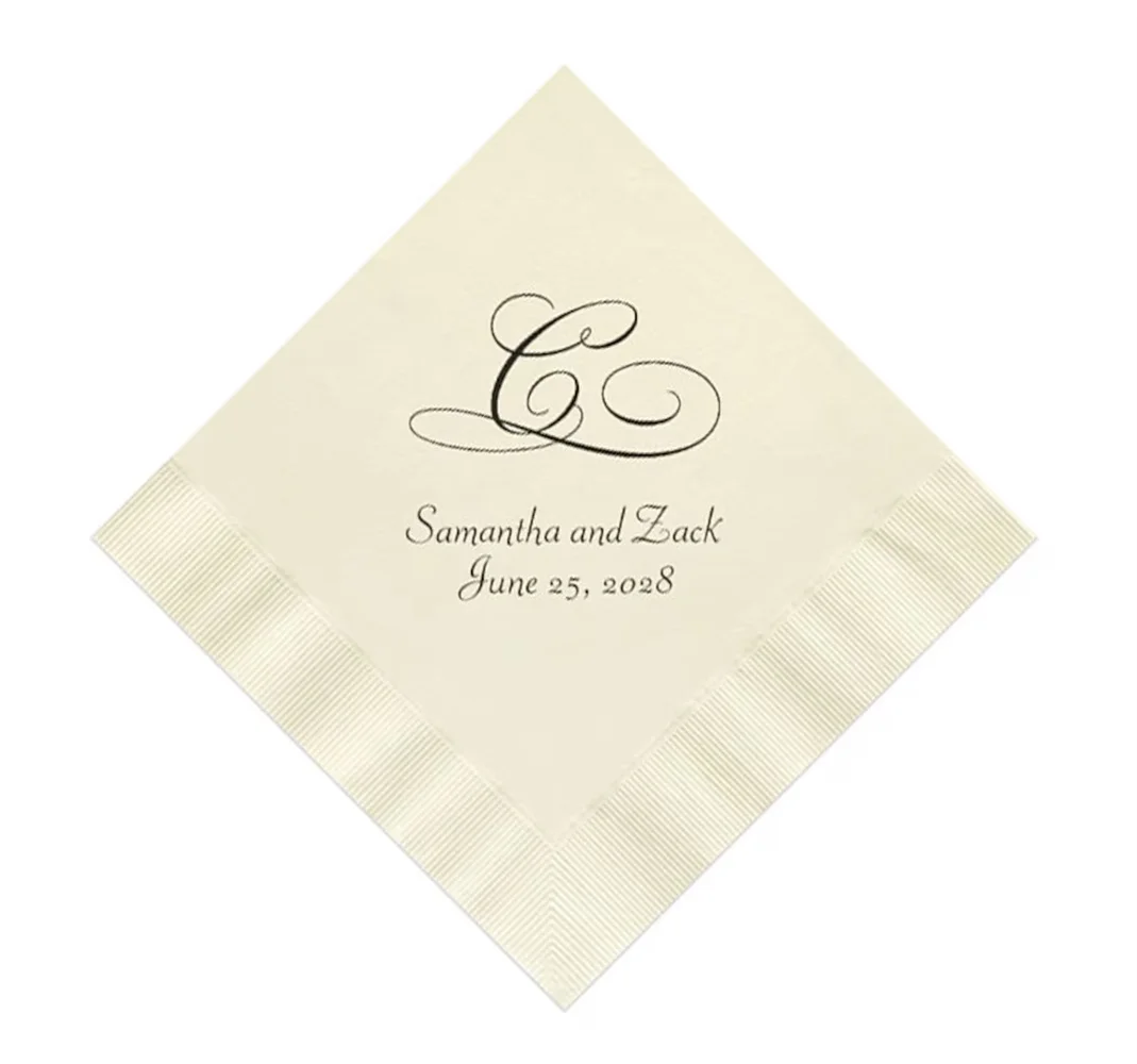 

Single Initial Wedding Napkins Personalized Set of 100 Monogrammed Elegant Monogram Reception Cocktail Supplies