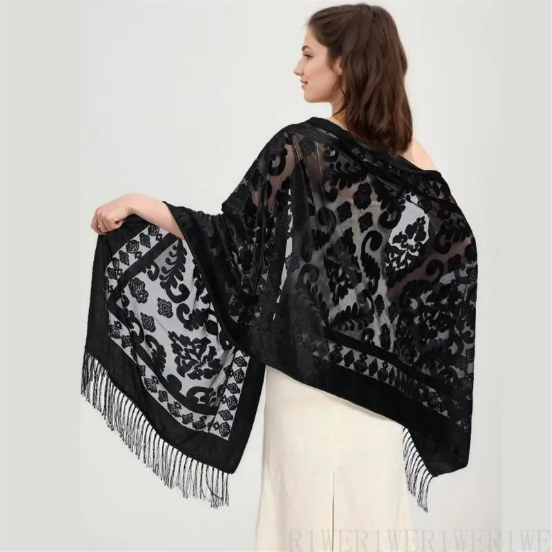 

R1WE Fashionable Shawl for Lady Girls Ethic Evening Dresses and Wedding Guests Neckerchief with Embroidery Pattern