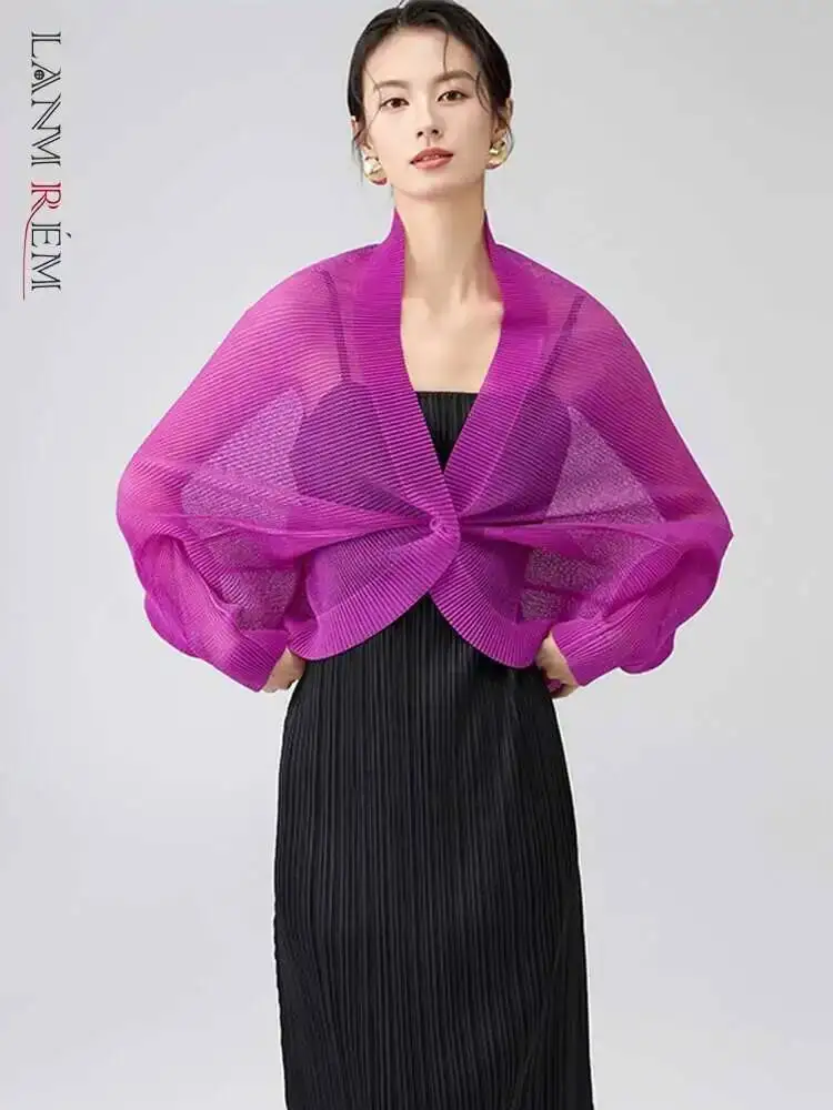LANMREM Niche Denisn-abrigo plisado ligero semitransparente para mujer, cárdigan de manga de murciélago de malla, chaqueta informal 2DB2860