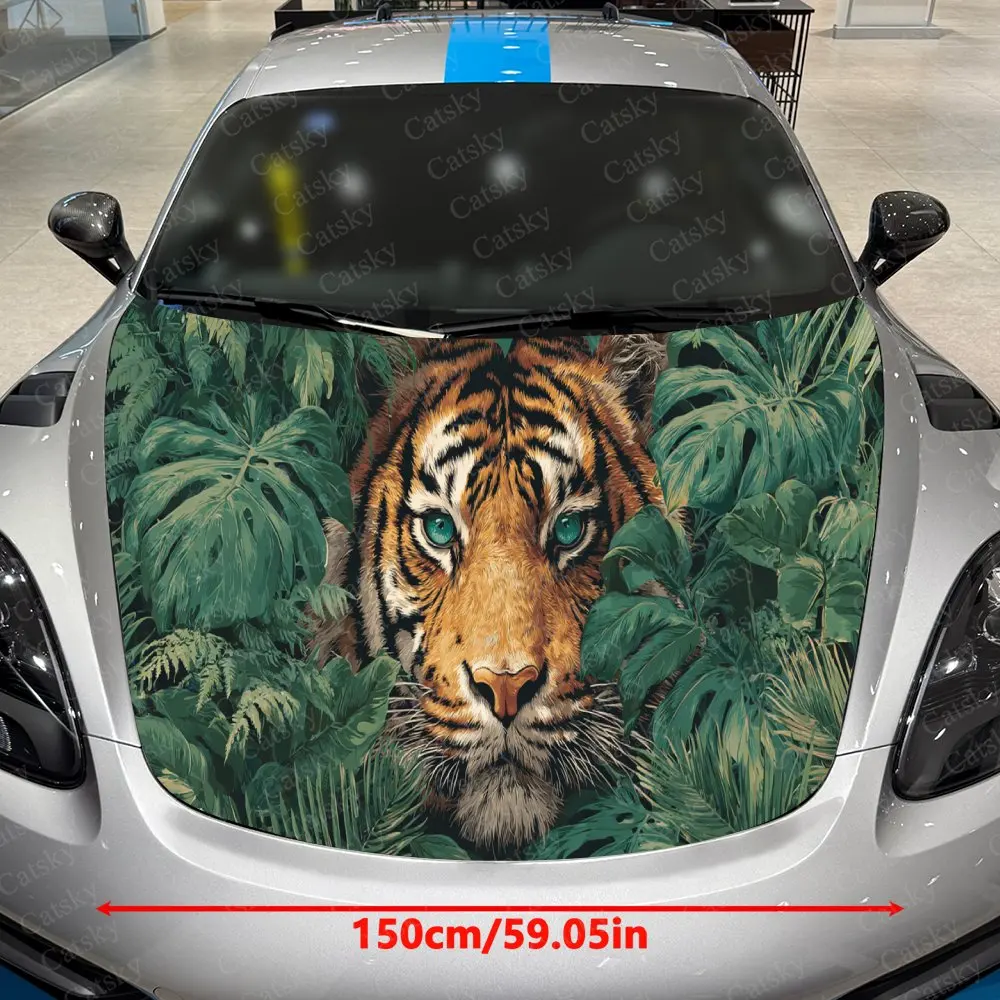 Green Jungle Wild Tiger Dominant Natural  PVC Car Hood Wraps, Self-Adhesive Waterproof Car Bonnet Decal Sticker, Car Decoration