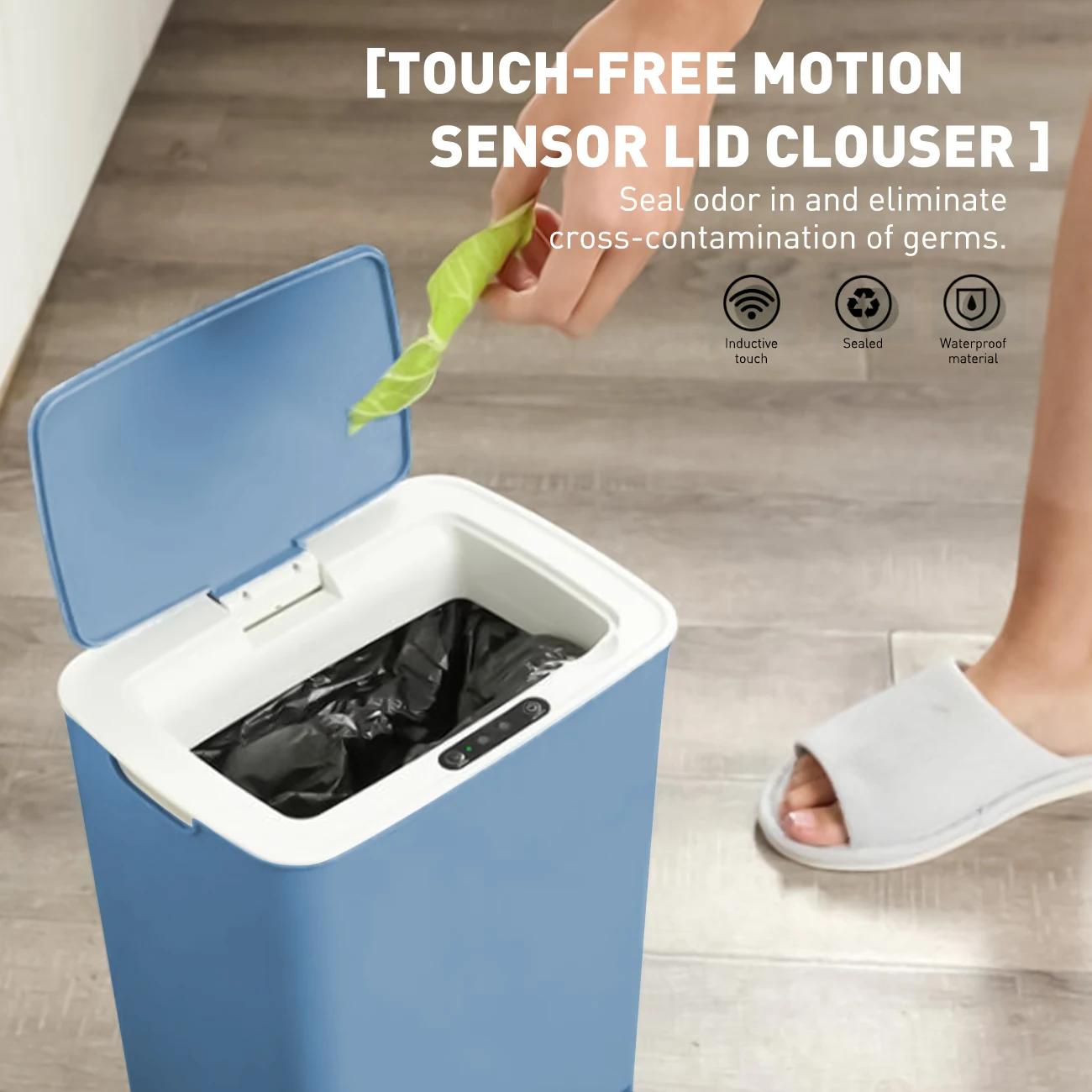 Touchless Sensor Trash Bin 14L Trash Can with Lid Sensor Kitchen Bin Recycling and Waste for Kitchen/Living Room/Office-Blue