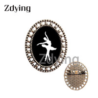 Zdying Vintage Black White Ballet Dancer Silhouette Oval Shape Brooches Badge Pin Glass Photo Cabochon Dome Jewelry Gift JY018