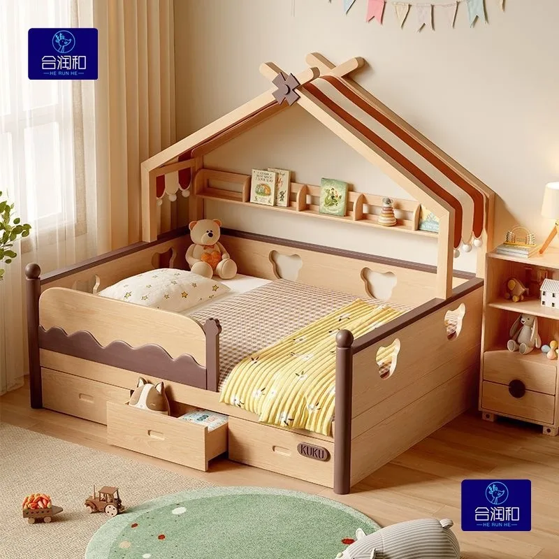 Yjq all solid wood children's fun modeling small bed solid wood bed tent high bed with guardrail
