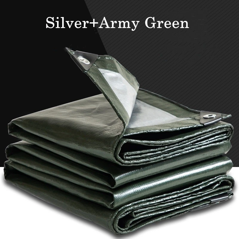 Silver Army Green Rainproof Cloth High Duty Woven Tarp Waterproof Tarpaulin Camping Shelter Double Side Waterproof PE Tarp