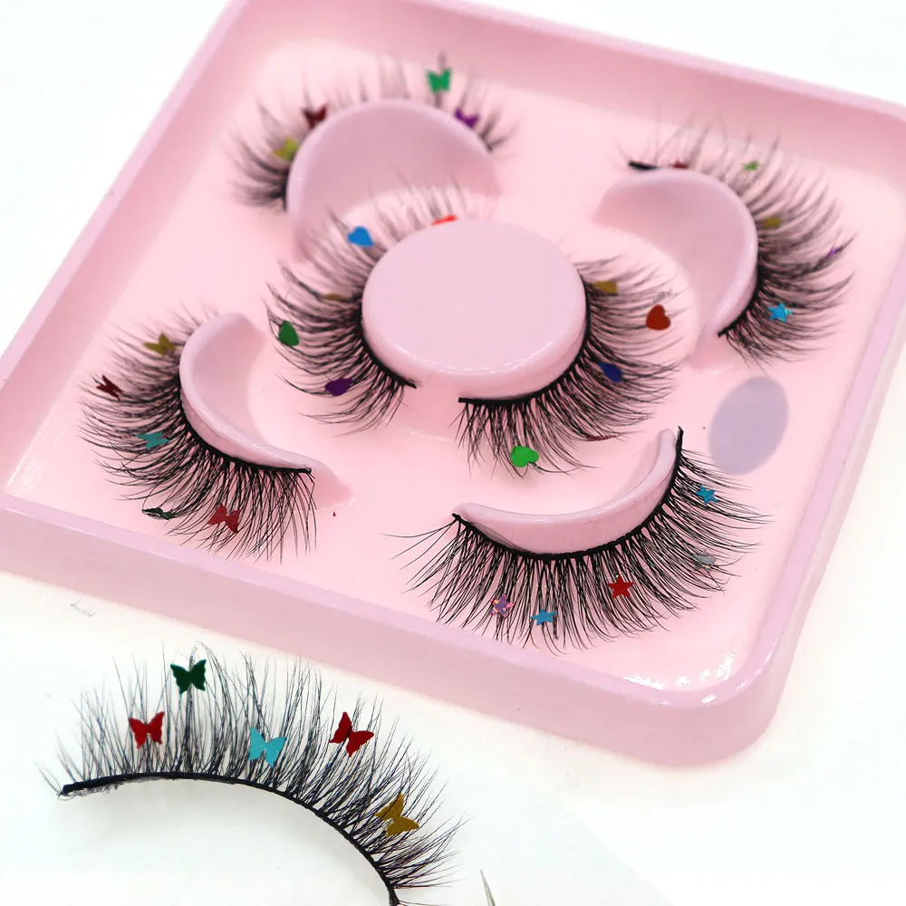 3 ペアセットスター蝶ハート型スパンコールつけまつげ妖精の杖パーティーハロウィンクリスマスカラフルなスパンコールまつげ